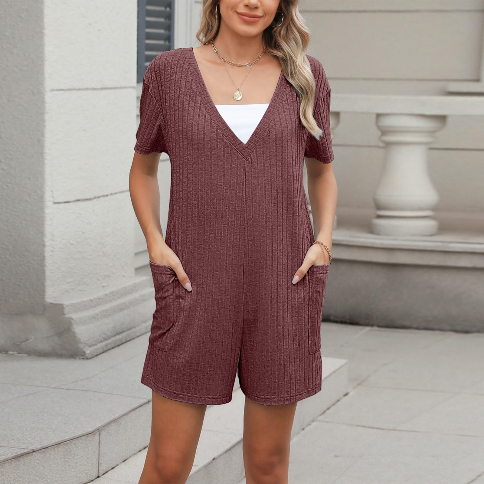 

Women s Front And Back Solid Color V-Neck Loose Pocket Short Sleeve Jumpsuit Beach Pants M винний