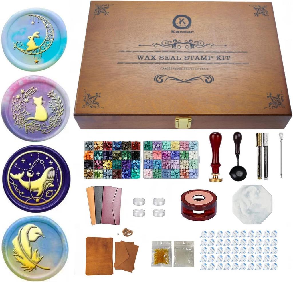 Kandar Sealing Stamp and Sealing Wax Set Deluxe Includes Wax Color Wax Clear and Gold Wax for and Letter Decoration Colors Wax Beads Spoon Color Pens