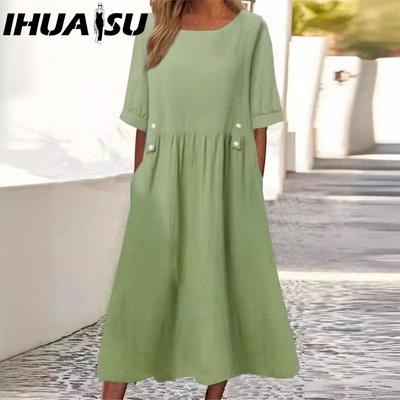 Women's Loose Fit Midi Dress Double Pockets Button Decoration Round Neck Short Sleeve Summer Boho Workwear Dress