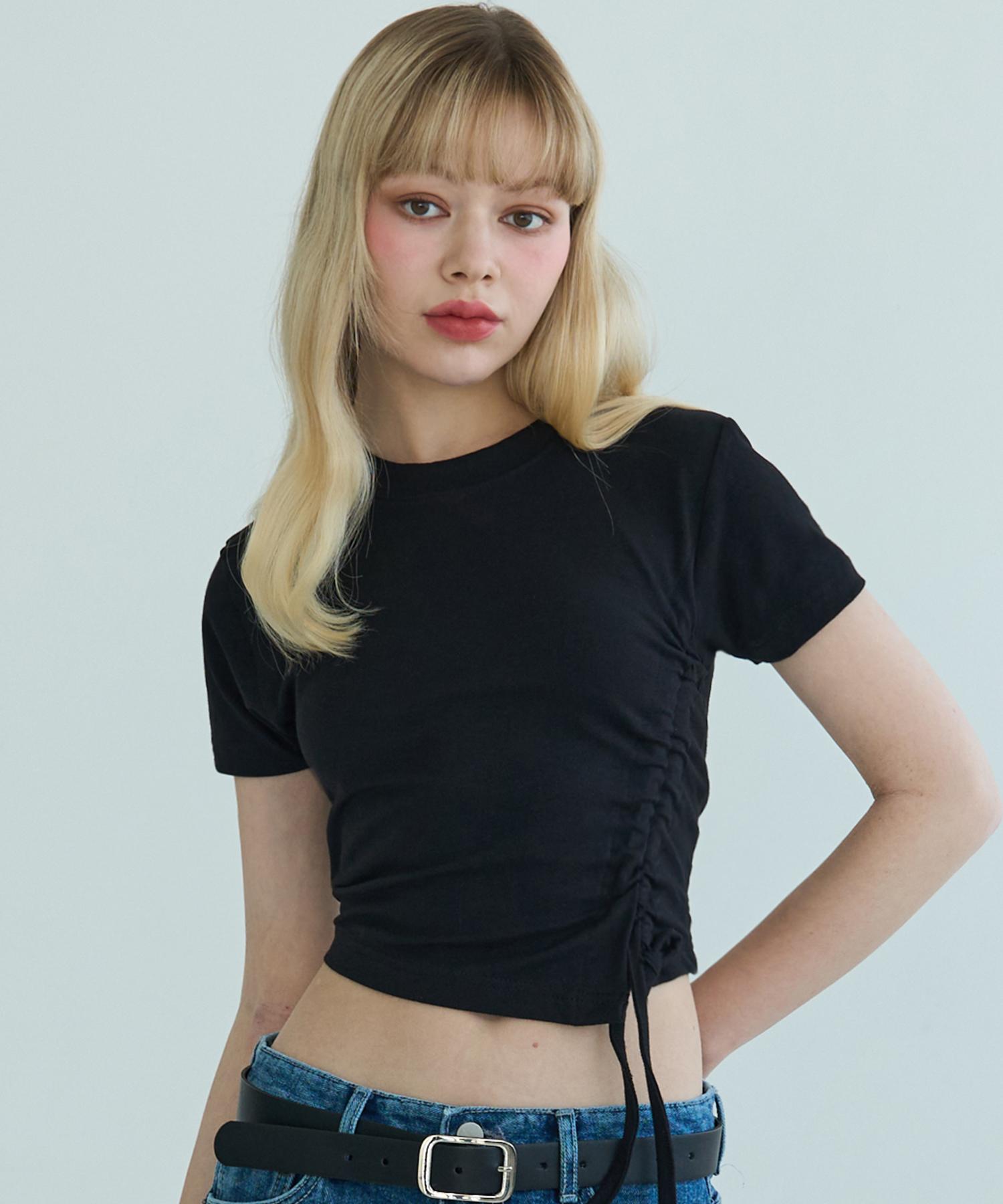 Oo Ml Shirred Ribbon Crop Top (Black) Charcoal/L