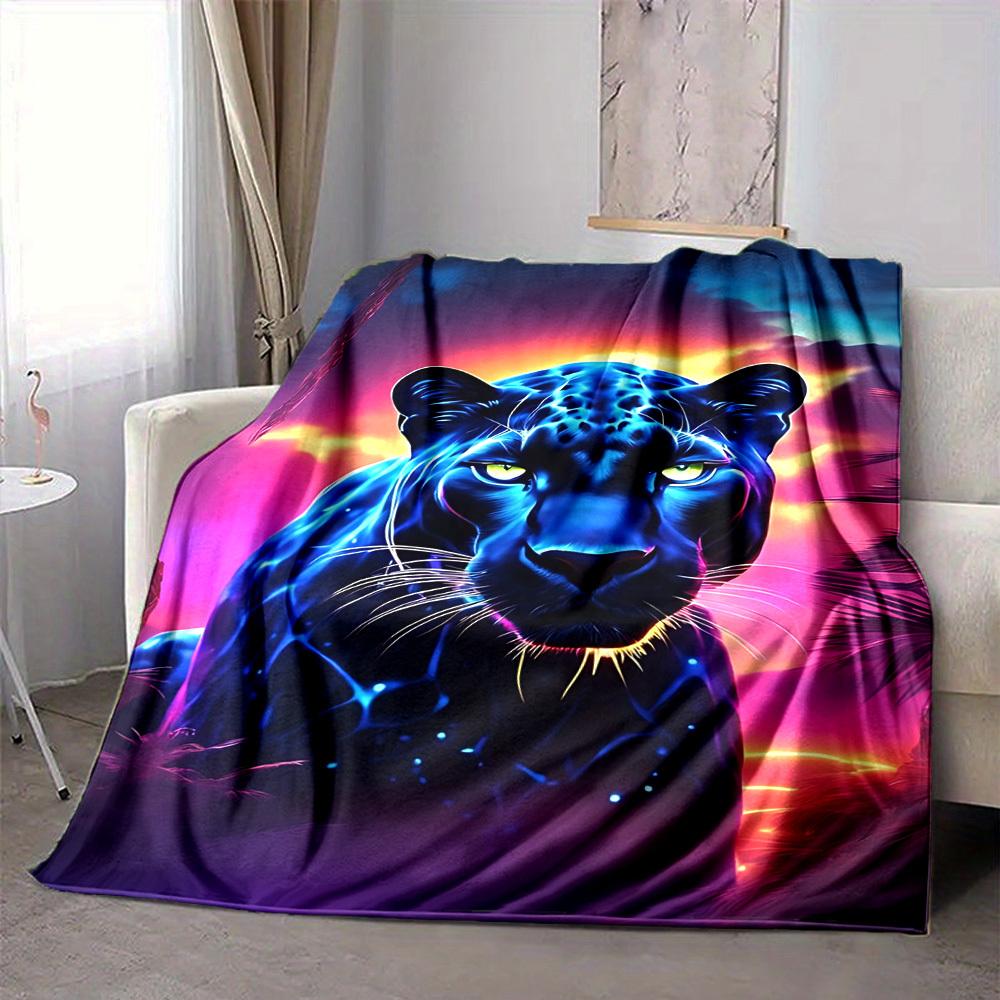 1pc Neon Panther Print Blanket Lightweight Flannel Blanket Throw Blanket For Sofa, Bed, Travel, Camping, Livingroom, Office Yy251015197