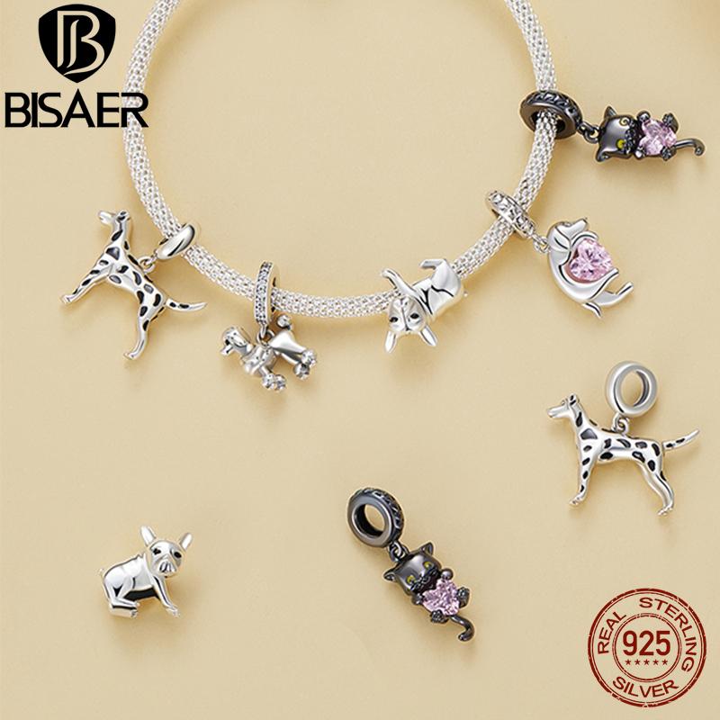 BISAER Plata 925 Encanto Lindo Perro Cuentas Perro Salchicha Mascota Animal Colgante Chapado en Platino Apto Mujeres Pulsera DIY Joyería Fina