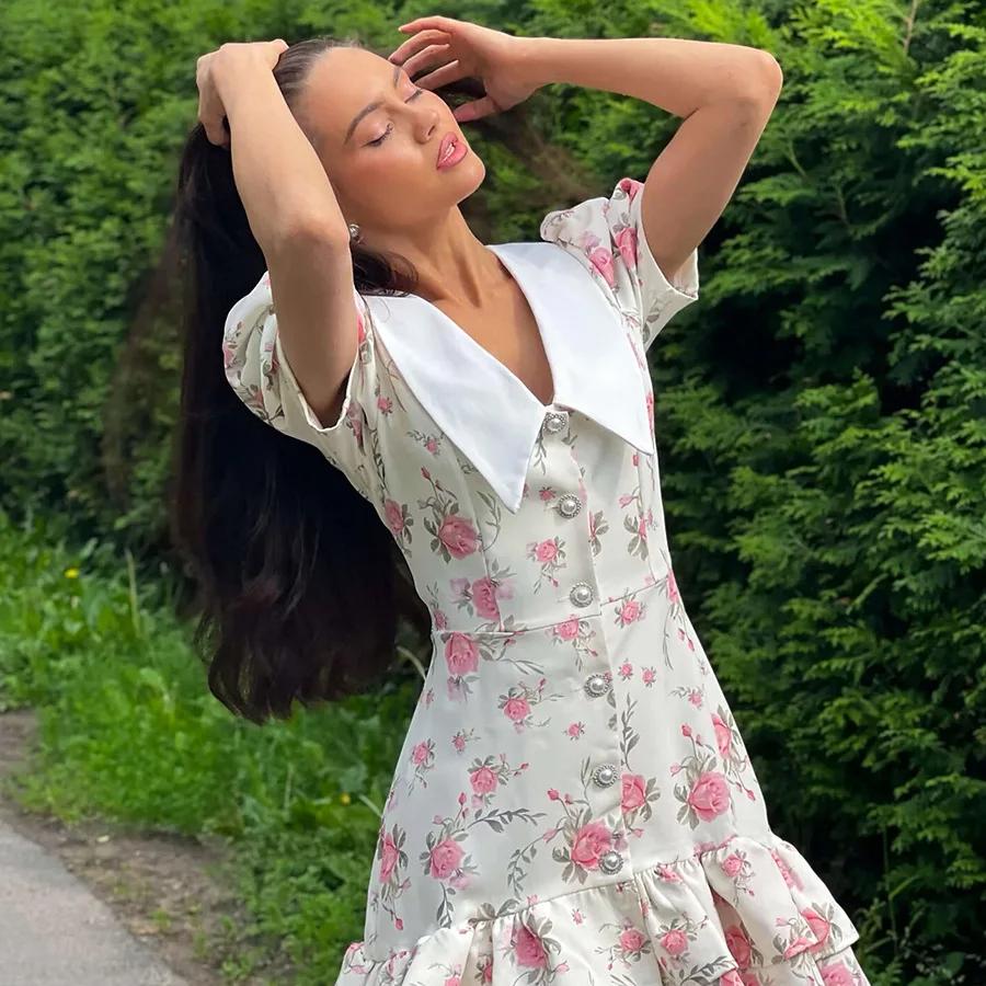 Print Puff Sleeves Ruffled Dress Women's V-Neck High Waist Pearl Buttons Mini Dress Female Casual Vacation Fashion Dress