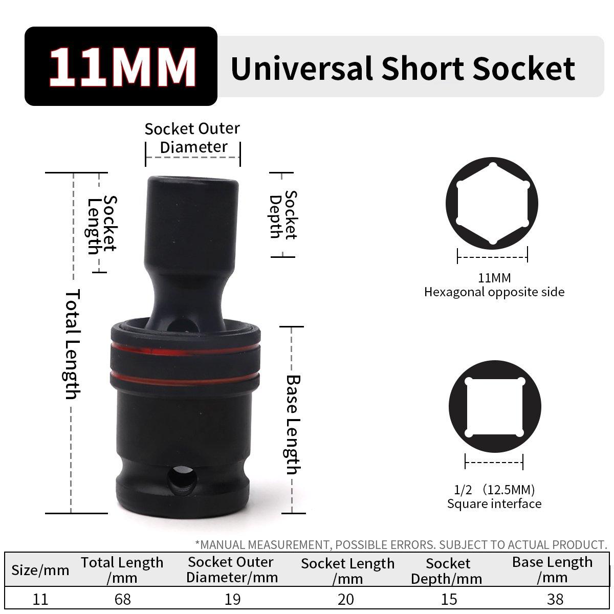 

1/2inch Drive 10-24mm Universal Joint Hex Short Socket Electric Wrench Adapter 360°Swivel Impact Socket For Pneumatic Wrench