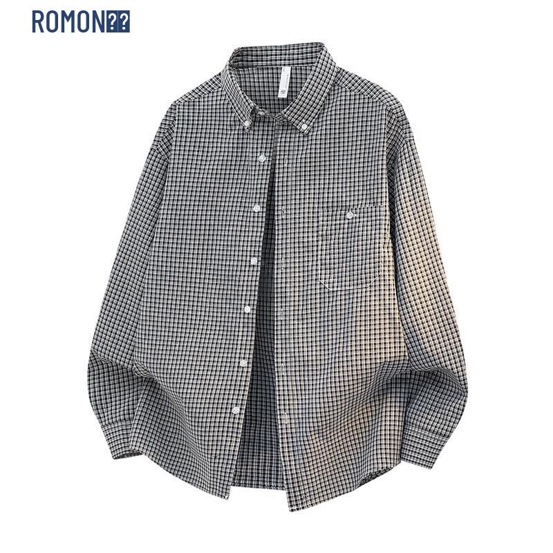 Romon Men s Plaid Long-Sleeve Casual Shirt 5XL