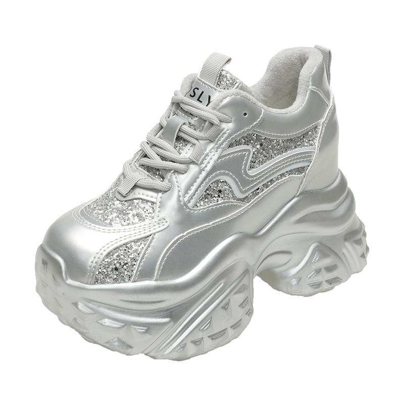 

НОВЫЕ Женские Повседневные Кроссовки на Платформе 10 см Высокий Каблук 2025 Зимние Спортивные Кожаные Туфли Блестящие Кроссовки Массивные Ботинки Zapatillas Mujer 34