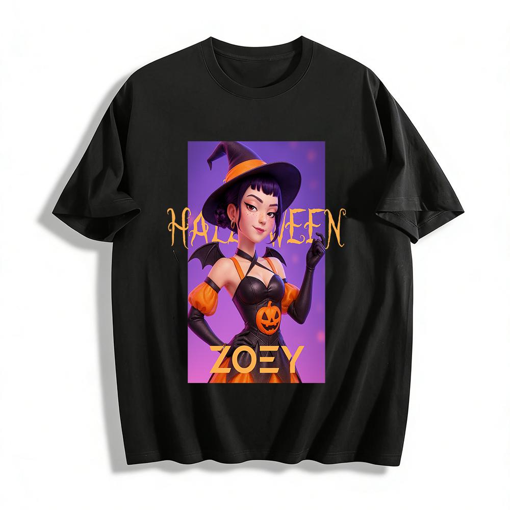 

Halloween Zoey Pumpkin Witch Print T-Shirt Casual Loose Fit Top For Holiday Themed Outfits Pure cotton T-shirt XXS
