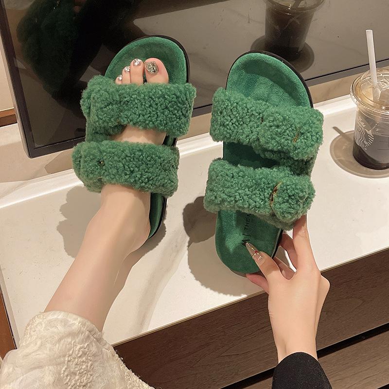 New spring and autumn flat-bottomed versatile casual fluffy slippers women's fashion one-word slippers women's trendy shoes
