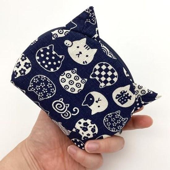 Kyosuke Japan-made Kyoto Ear-Style Pouch Approximately 10134cm Cat Pattern Small Item Holder Japanese Design Cotton Nyankomon Navy
