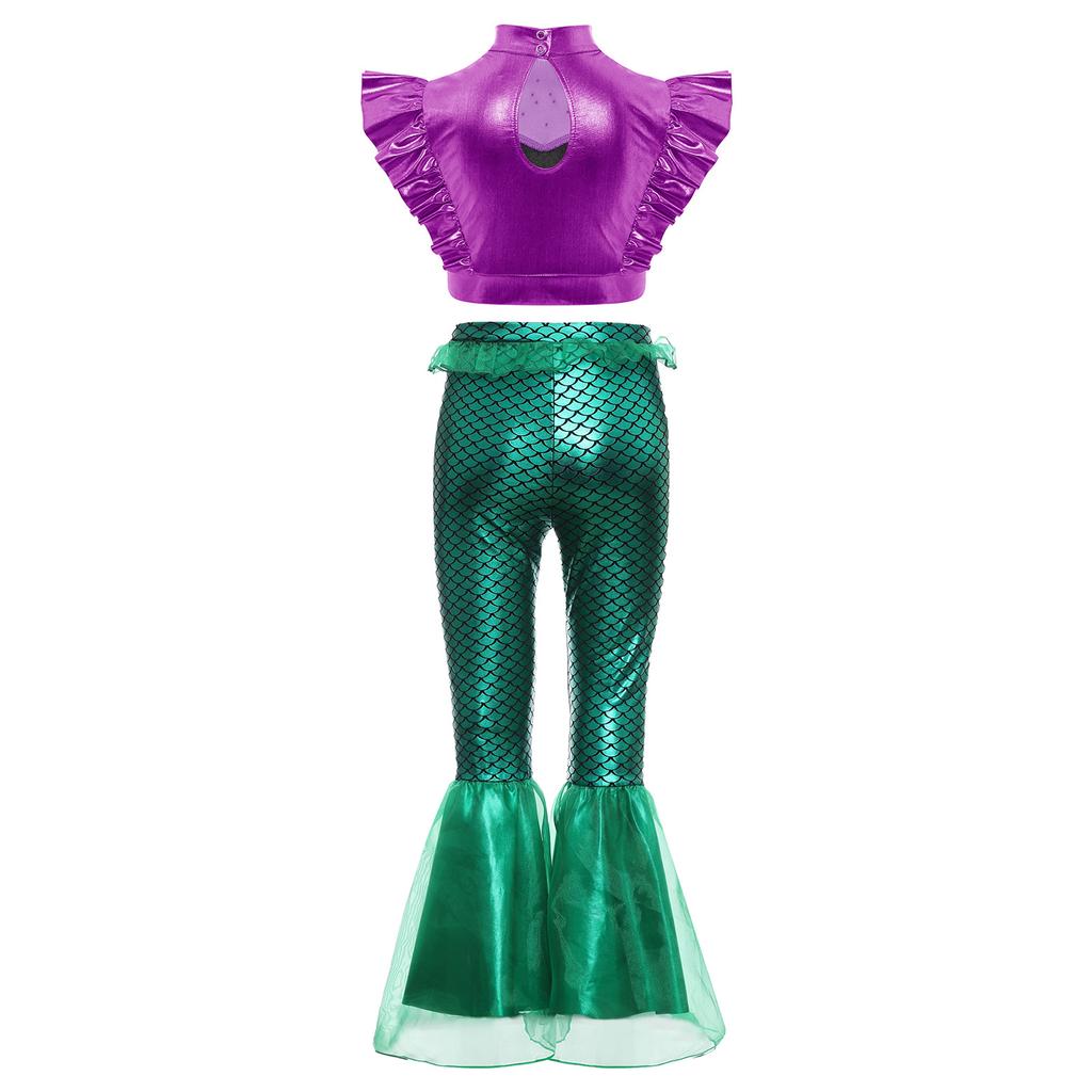 Costume da Sirena per Bambini 2 Pezzi Canotta Metallizzata Senza Maniche con Strass Crop Top Arricciato con Elastico in Vita Pantaloni a Zampa Arricciati Stampa a Squame di Pesce