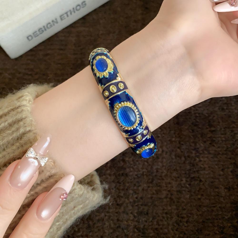 Enamel Floral Vintage Cloisonne Bangle Cat's Eye Stone Women's Hand Bracelet  Gifts for Women Girl