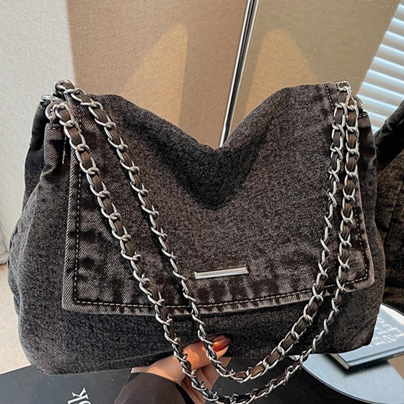 New chain large capacity denim tote bag casual college student shopping bag commuter shoulder messenger bag