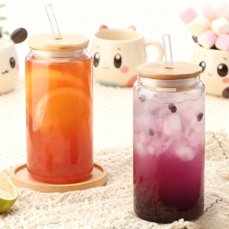 450ml/550ml Transparent Glass Cup with Wooden Lid and Straw Home High Borosilicate Glass Juice Cup Water Cup Drinking Utensils