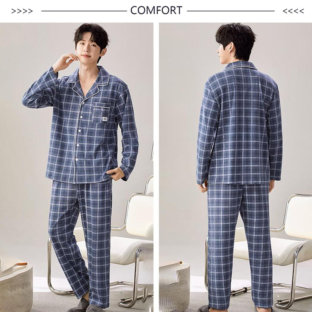 PHOLEEY Bavlněné pyžamo s dlouhým rukávem Kostkovaný vzor Pánská 100% sada, Jarní/podzimní domácí oblečení,