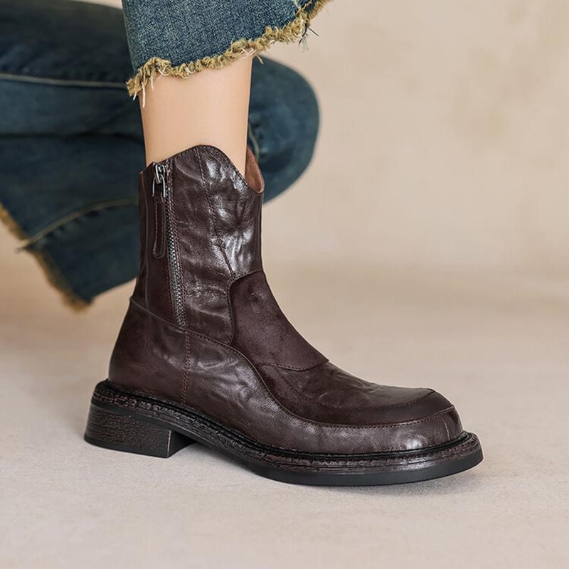 Fashion NEW Autumn Women Boots Genuine Leather Shoes for Women Round Toe Chunky Heel Shoes Zip Platform Boots Casual Black Ankle Boots