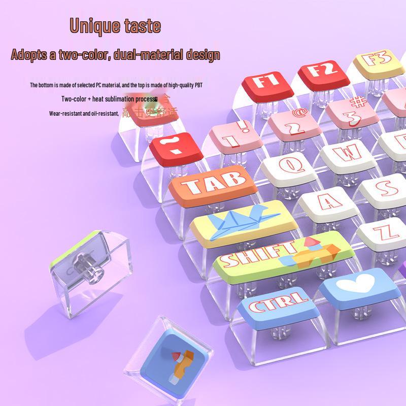 

8090 Childhood PBT Translucent Dye-Sublimation Keycaps: Custom Four-Sided Transparent Design with Cartoon Theme for Mechanical Keyboards. 38*16*3 cm