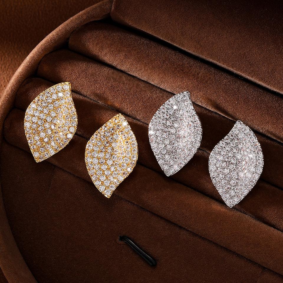 Exquisite Minimalist Full Inlaid Zircon Stud Earrings New Style Daily Leaf Earrings Fashion Women's Accessories