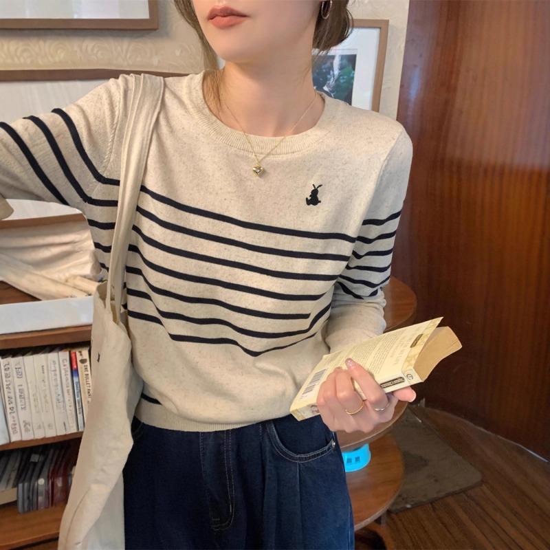 Chic temperament Early autumn crew neck retro high-end striped embroidered inner long-sleeved knitted bottoming shirt women's top