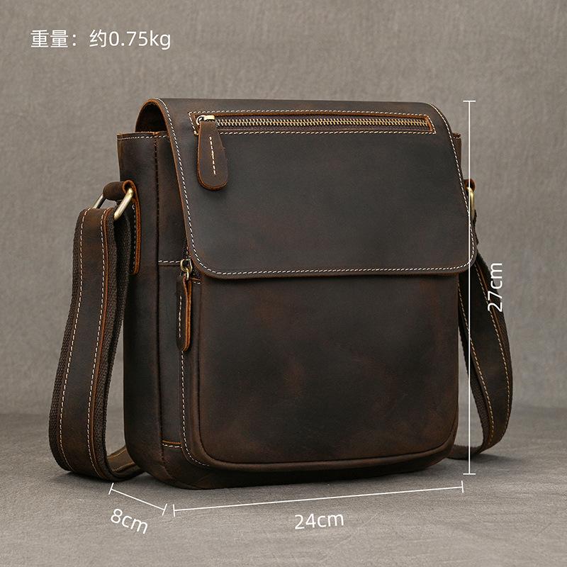 Borsa a Spalla in Pelle Crazy Horse Retrò Piccola Borsa a Spalla in Vera Pelle Semplice Borsa a Tracolla in Pelle di Vacchetta Primo Strato Uomo