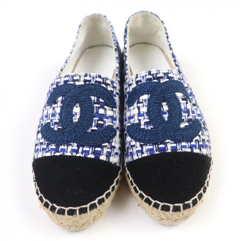Great CHANEL Leather Shoes COCO Mark Tweed Espadrilles Blue Women 35 G34546 Used