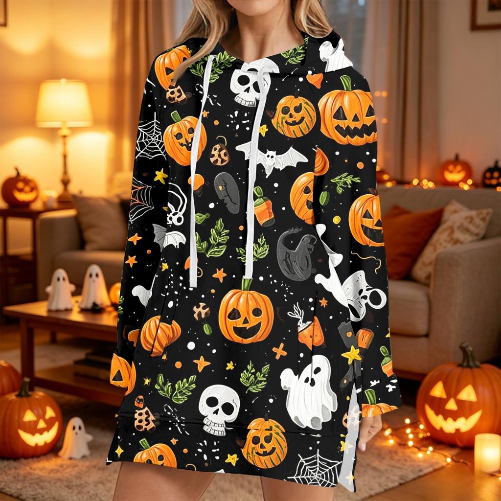 Women's Fashion Casual Long Sleeve Hoodie with Halloween Print for Fall
