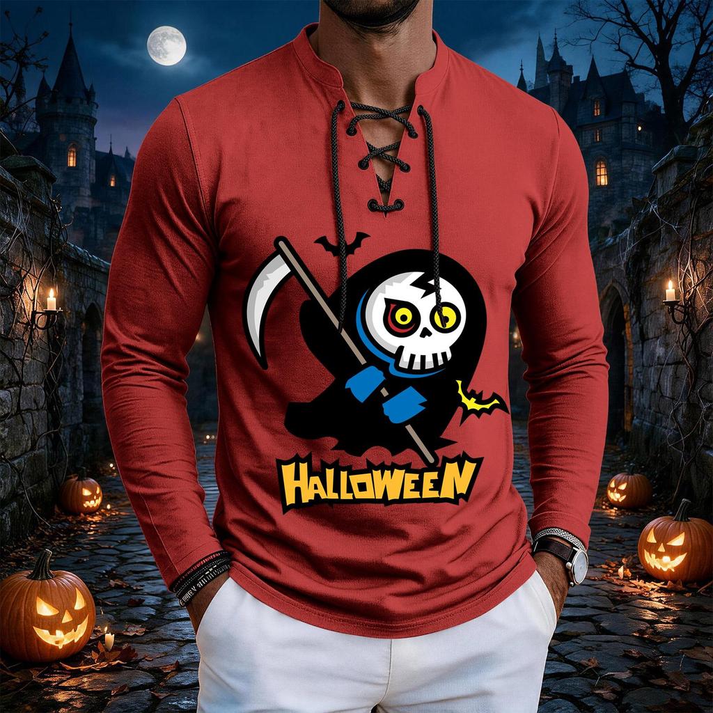 Men's Vintage Halloween Print Lace-Up Long Sleeve T-Shirt