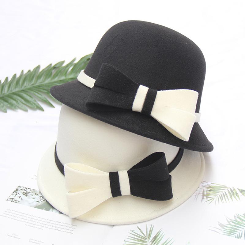 Autumn and Winter Women's Wool Hat Two-color Big Bow Basin Hat Elegant Temperament Felt Hat Top Hat