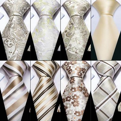Mens Beige Necktie Jacquare Paisley/Striped Silk Ties Pocket Square Cufflinks Set Formal Wedding