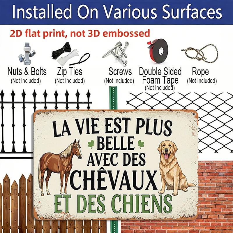 2D Flat 1pc (8x12"), "Life Is More Beautiful with Horses and Dogs - French Wall Art Sign" Gift Sign, Floral Sign, Aluminium Sign, Garland Sign Decor