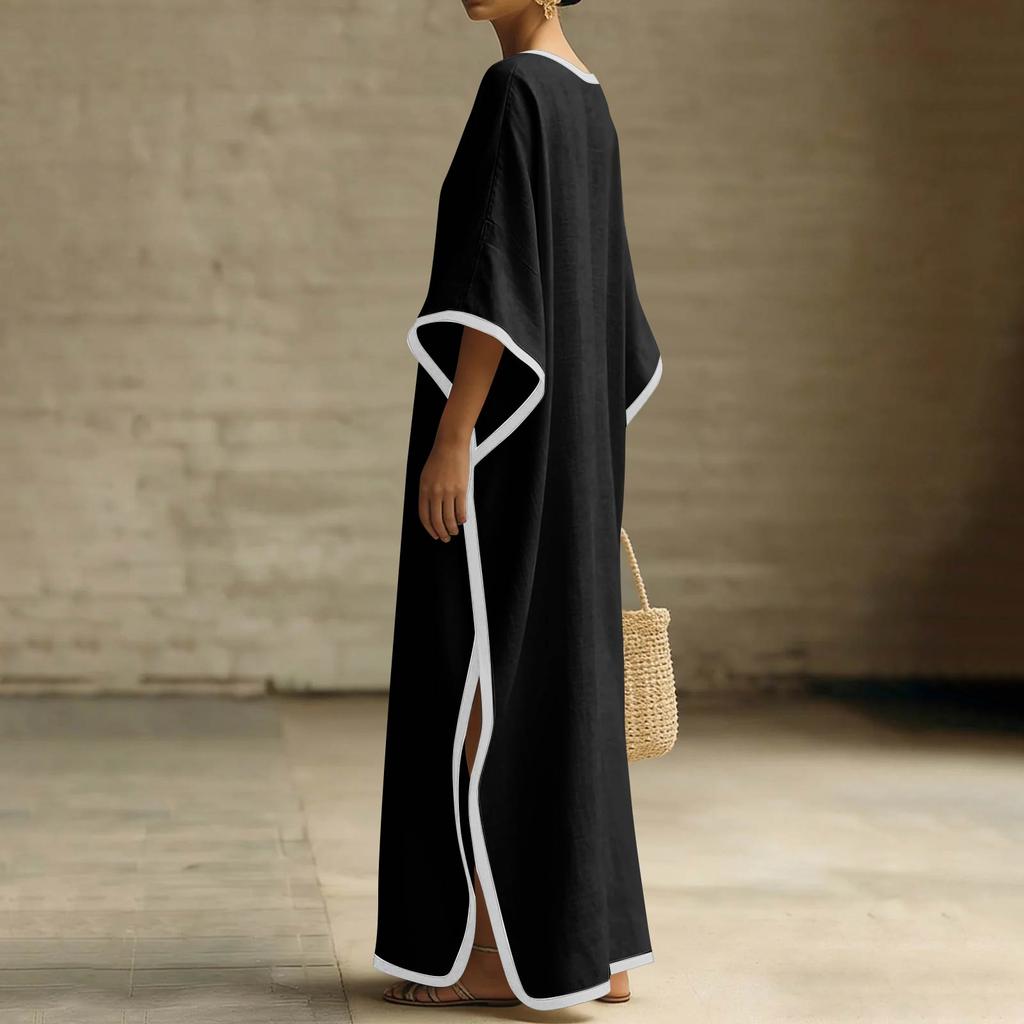 Vestido Largo Holgado Manga Murciélago Casual de Largo Completo Vestido Maxi Cómodo Oversize con Ribete en Contraste para Mujer