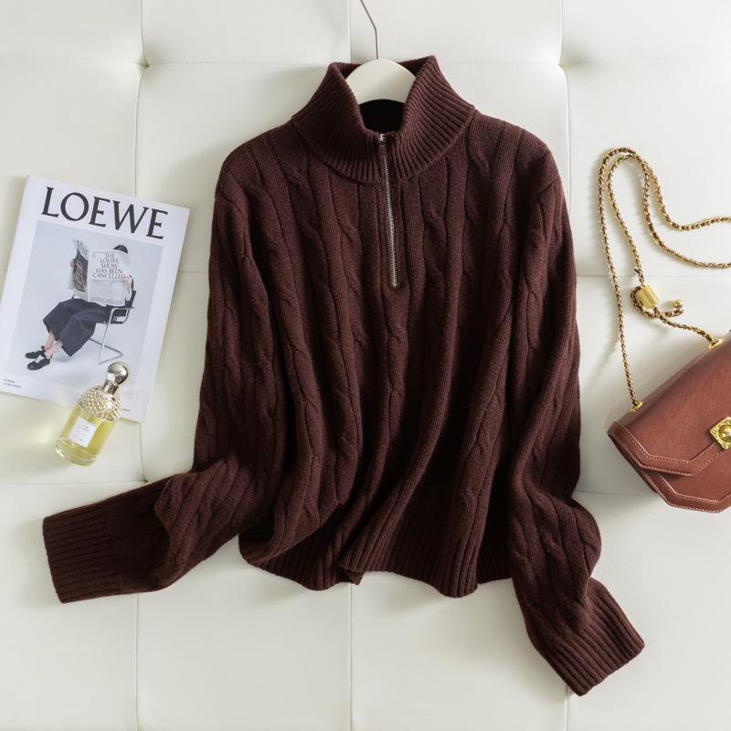 2025 Puyuan Autumn/Winter Wool Cable Knit Stand Collar Zip-Up Sweater for Women - Soft Texture
