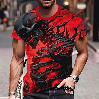 Herren 3D Digital bedrucktes Herren Rundhals Kurzarmshirt, Totenkopfknochen-Serie bedrucktes T-Shirt