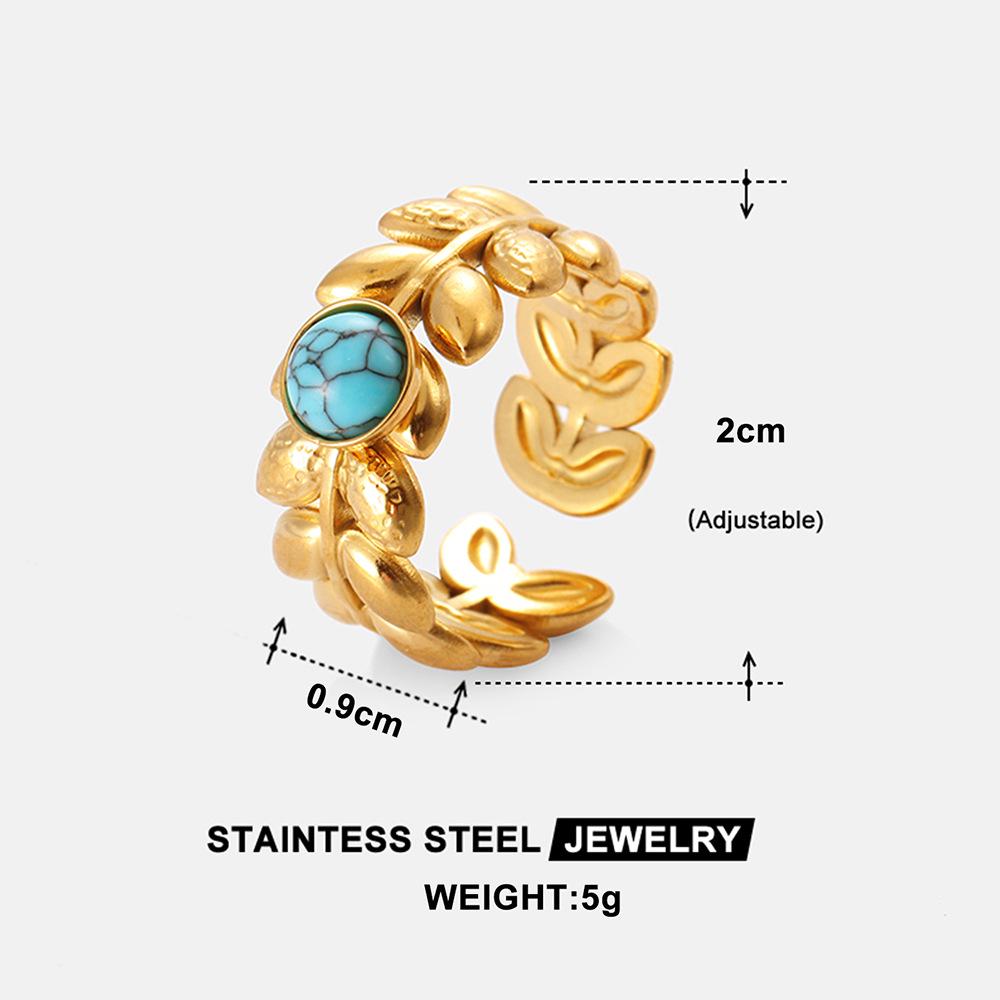 Adjustable Turquoise-Leaf Stainless Steel Ring - Non-Fading, Fashionable Jewelry for Women