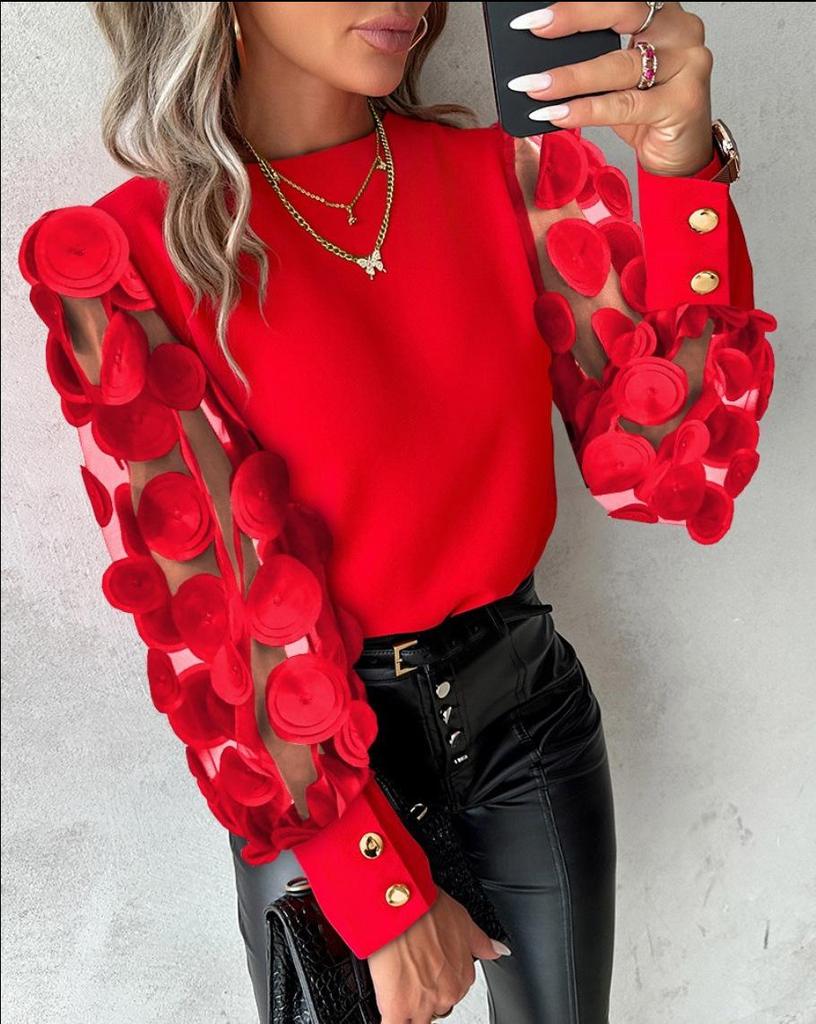 Autumn Round Neck Petal Sleeve Blouse for Women