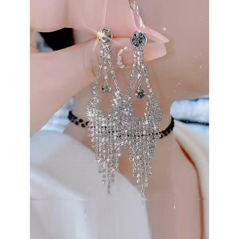 Fancy Full Rhinestone Tassel Earrings for Women Grandeur Design Fashion Allergic Square and round Face Long Luxury Dress Earrings for Women