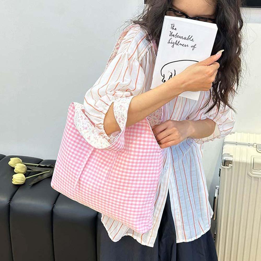 Contrast Color Double-sided Shoulder Pouch Lattice Tote Bag Casual Plaid Cloth Vest Pouch  Storage