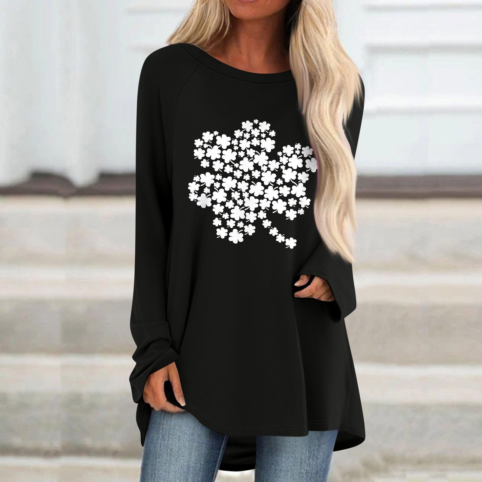 

Женский модный свободный свитер средней длины с круглым вырезом St. Повседневный топ с длинными рукавами и принтом ко Дню Святого Патрика с рукавами реглан S чёрный