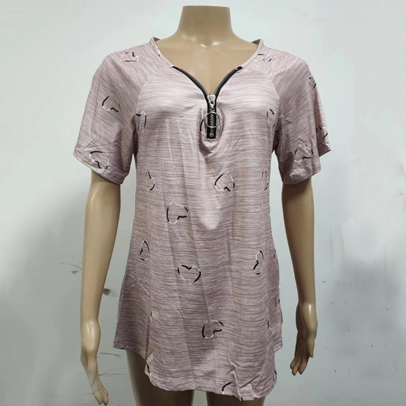 Spring Summer New Zipper Short Sleeve Shirt Women Tops Casual Love Print Pullover T-shirt Woman Fashion Elegant Loose Lady Blouse 24145