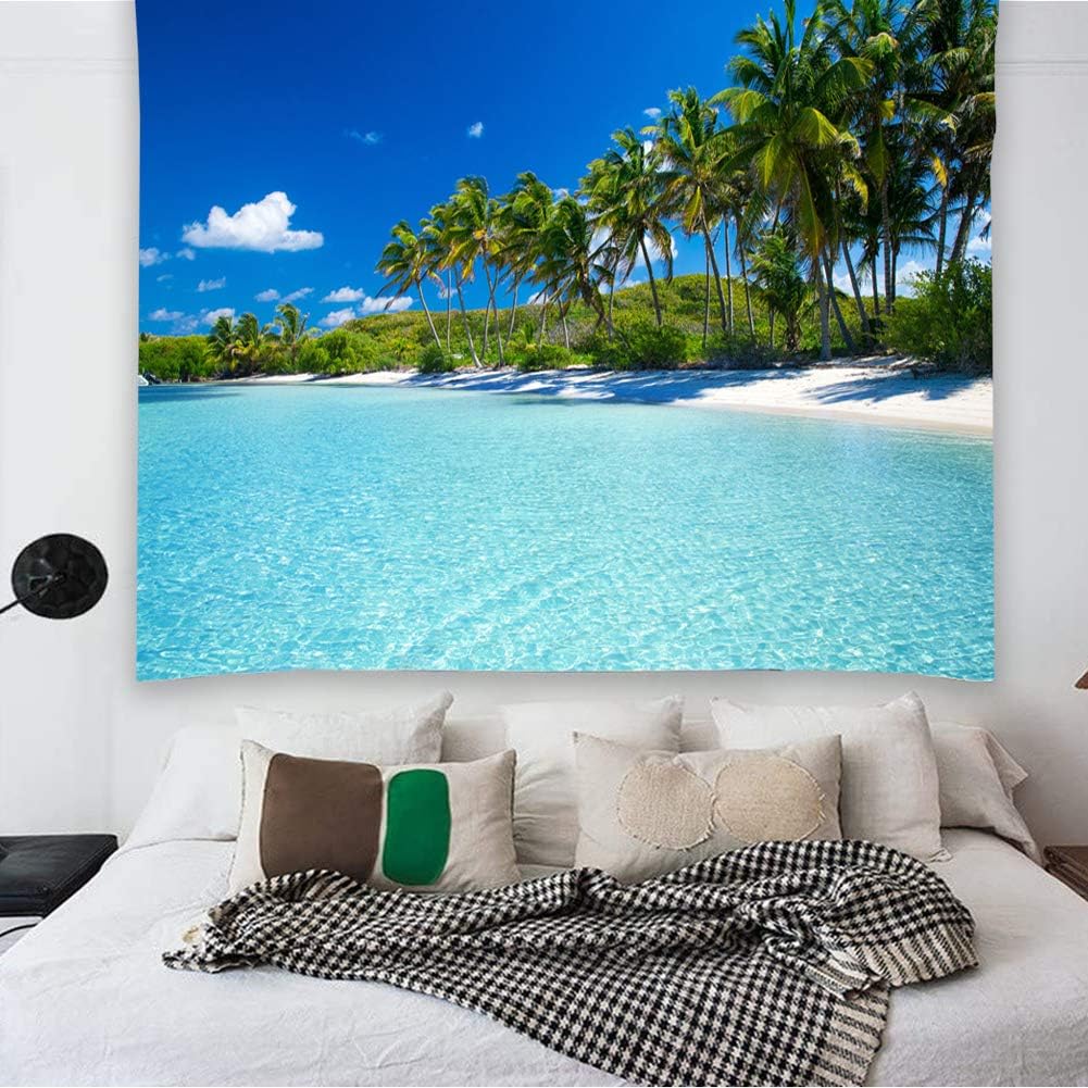 Ocean Beach Tapestry Wall Hanging,Tropical Paradise Palm Tree Coconut Tree Design, Bohemian Hippie Wall Decor For Bedroom
