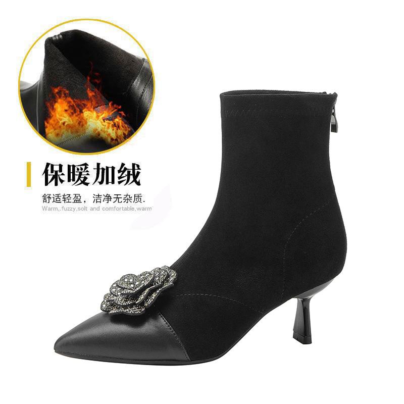 High-heeled Short Boots Women's 2025 New Winter Pointed-toed Thin-heeled Chelsea Women's Boots Rhinestone Flower Medium Tube Women's Boots