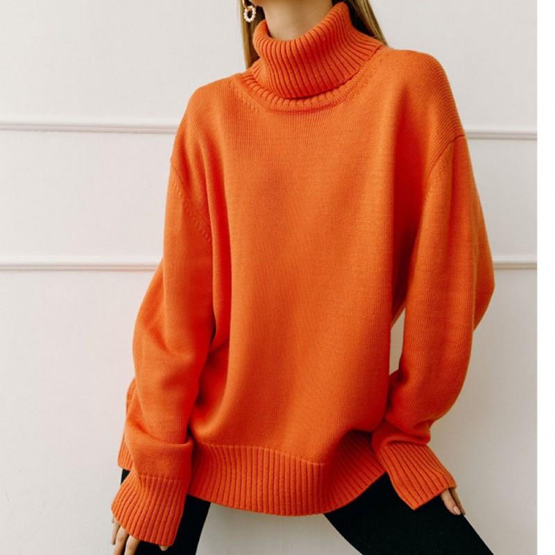 Womens Solid Color High Neck Knit Sweater Loose Fit Winter 2026 Casual Streetwear Long Sleeve Pullover