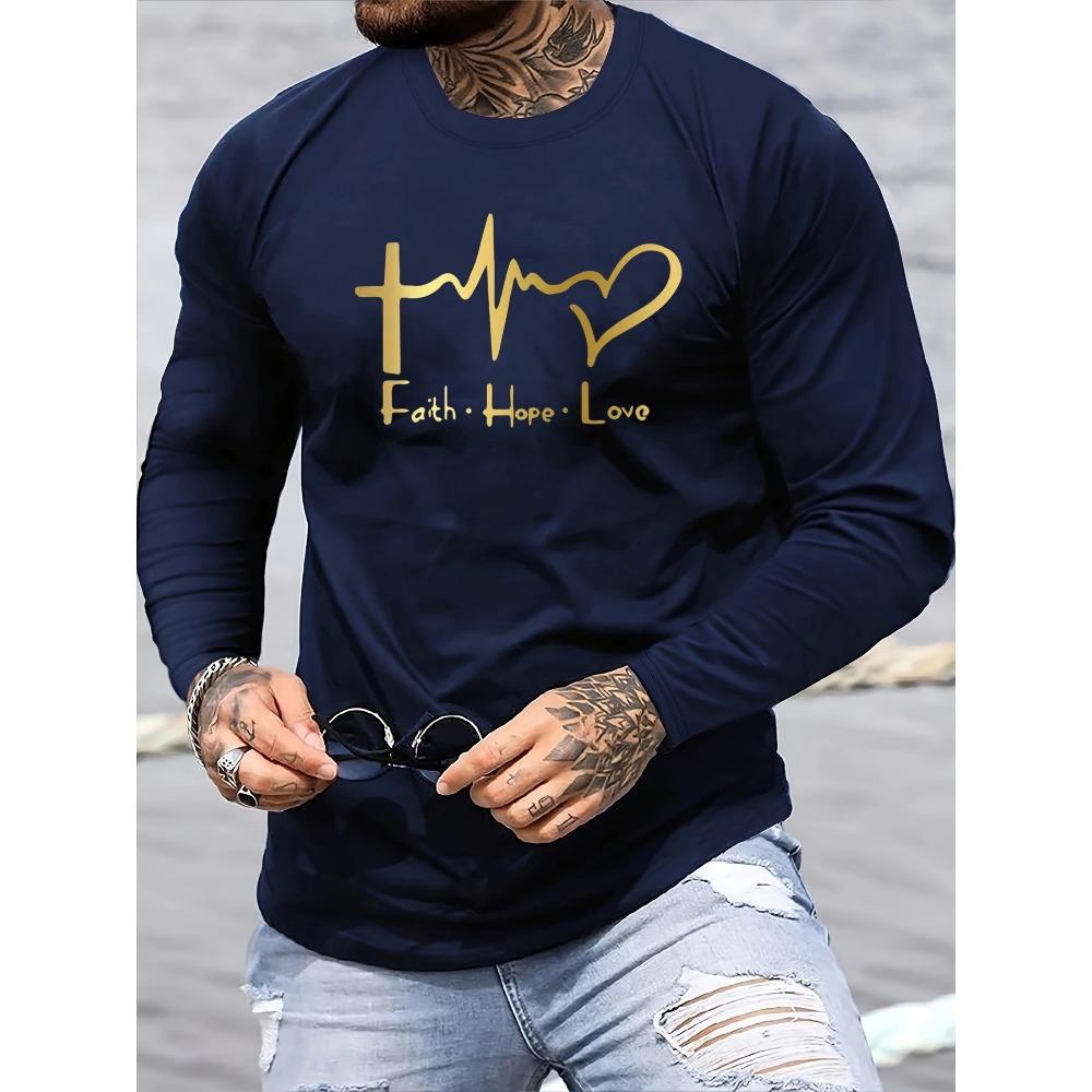 Men's Spring and Autumn Comfortable Leisure Love Faith Pattern Printed Round Neck Long Sleeve T-shirt Top
