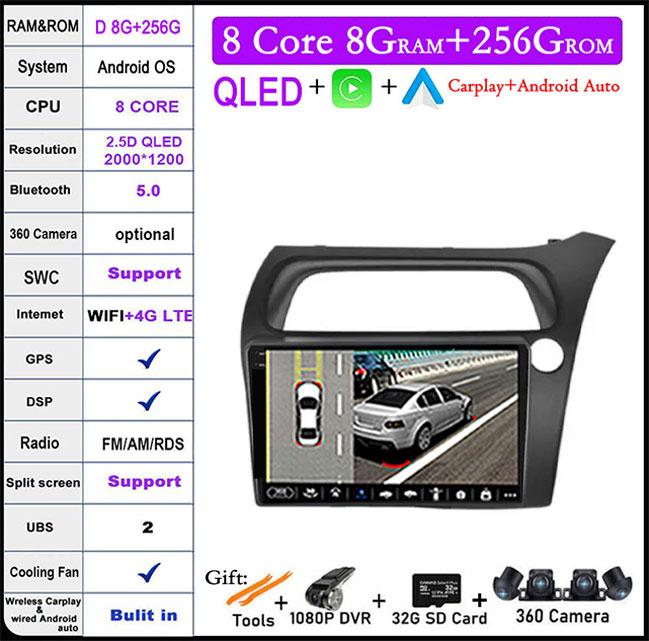 9 Lnch Android 14 For Honda Civic Hatchback 2006-2011 Car Radio Player Video Multimedia Carplay IPS DPS Navigation DSP Screen