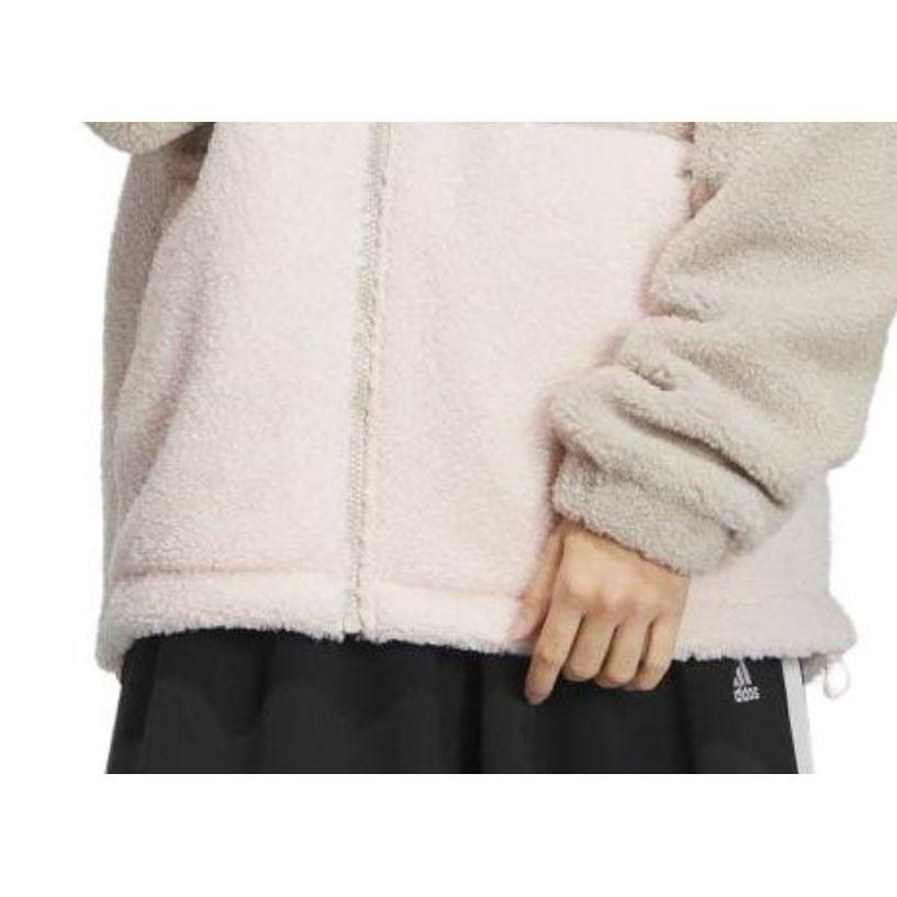 Adidas Color Block Loose Fit Zip Up Hooded Drawstring Fleece Jacket Women Jackets Beige IK9863