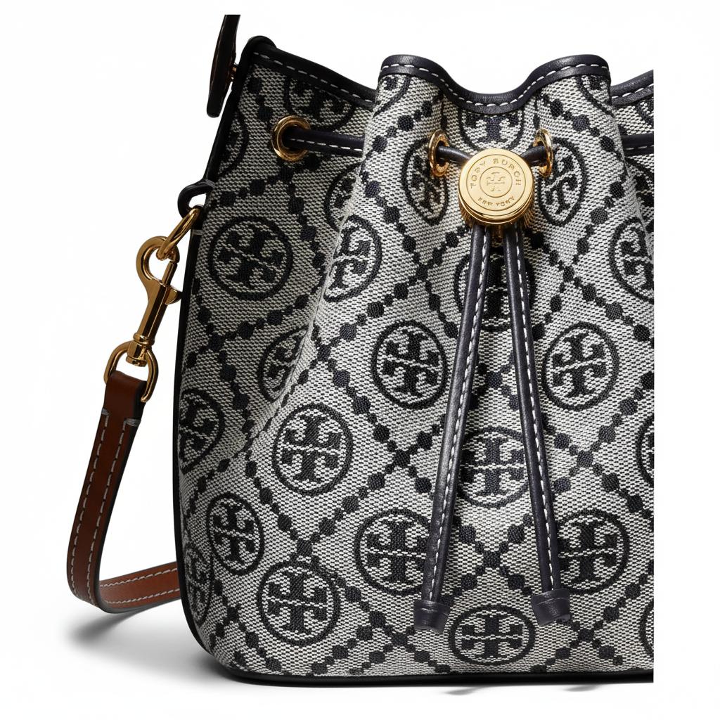 Tory Burch T Monogram Letter Pattern Metal Buckle Fabric And Leather Bucket Bag Mini Women Bags Navy-Blue Gray 181375-405