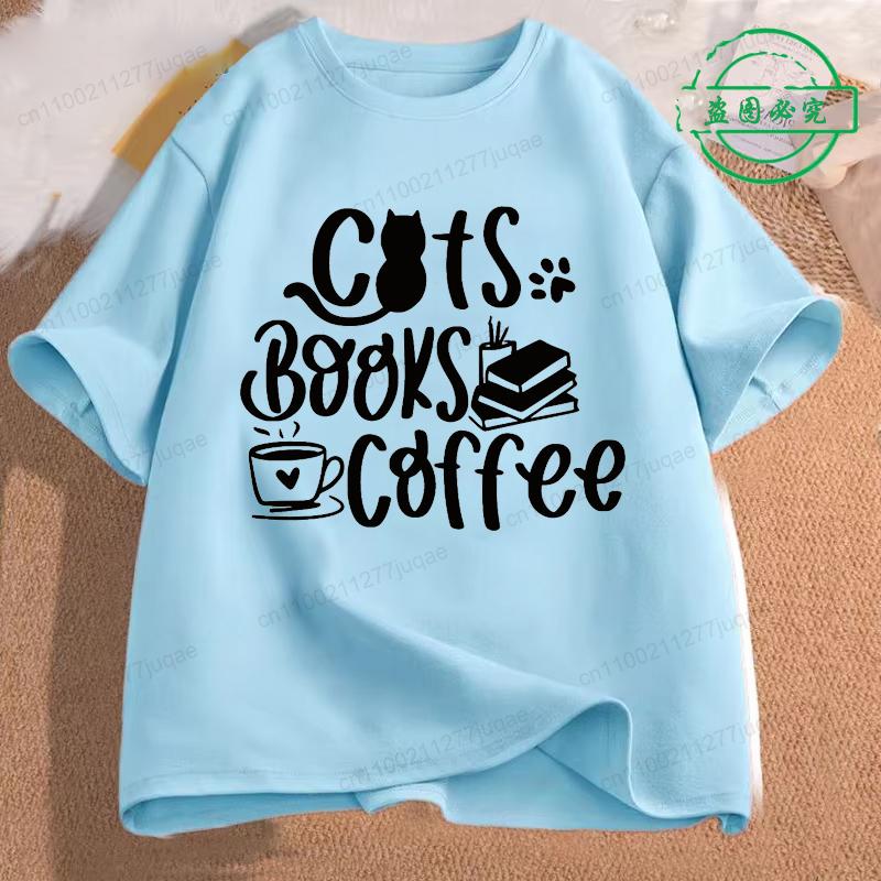 Kočky Knihy a Káva Móda Pánské Tričko Topy Krátký Rukáv Trička Čtení Knih Tričko Milovník Kávy Tričko pro Muže Oblečení