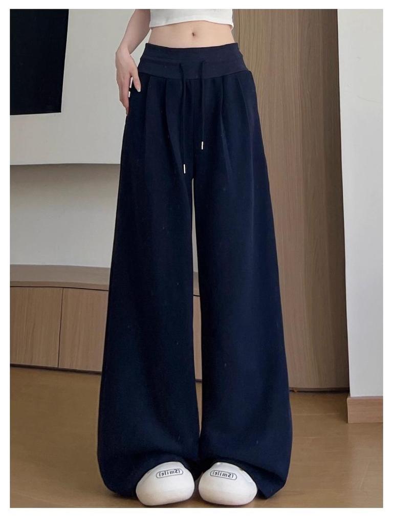 Women's White-Gray Low-Waist Wide-Leg Sweatpants - Petite, Casual, Autumn Drape