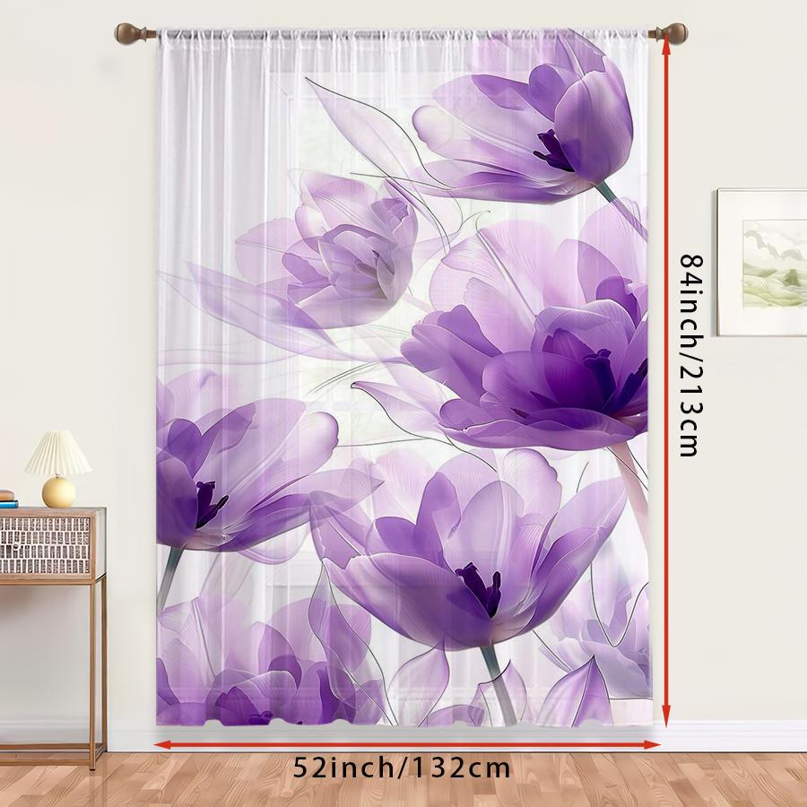 1PC Sheer Curtain Purple Tulip Transparent Watercolor Print, Rod Pocket Window Curtain for Living Room Elegant Decor