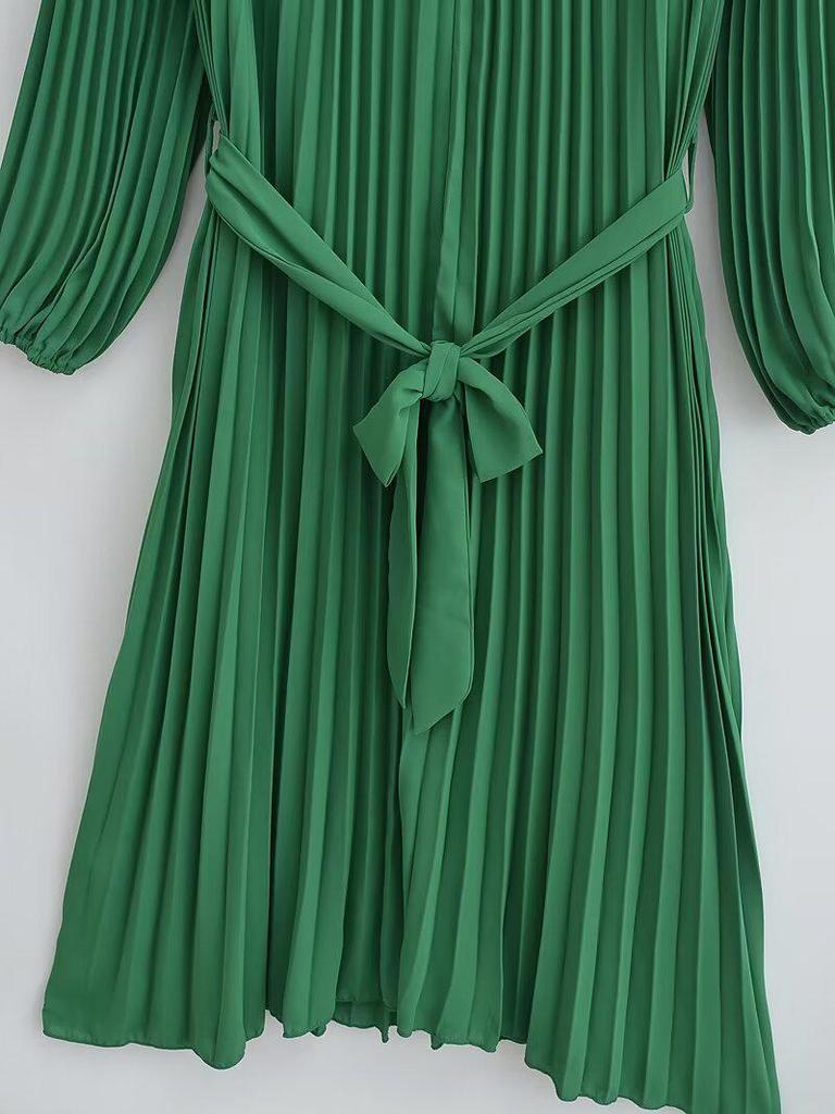 2025 Spring/Autumn Women's Fashion Crew Neck Long Sleeve Belted Pleated Maxi Dress