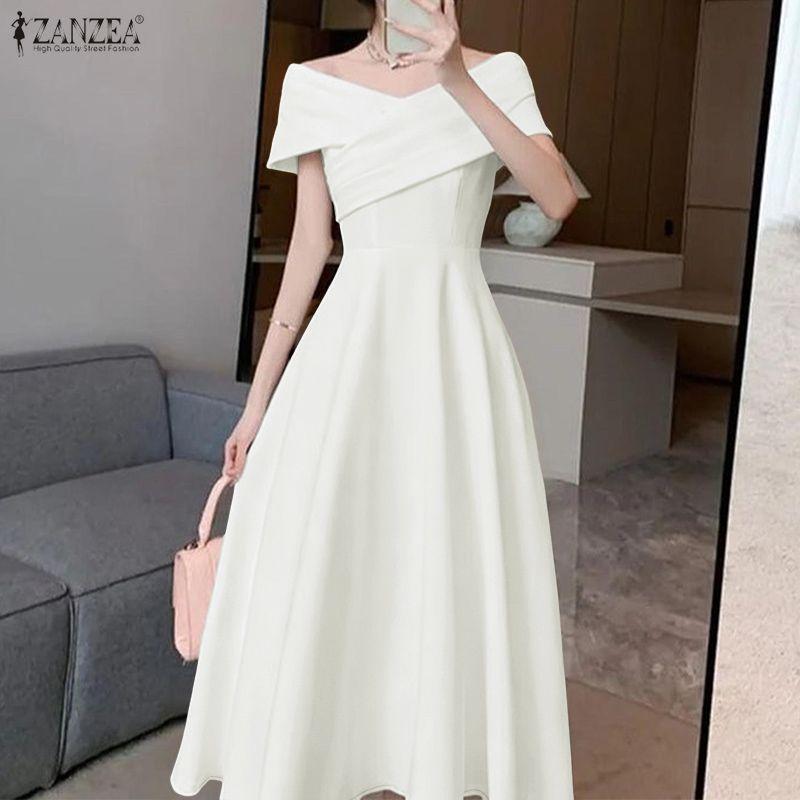 ZANZEA Women Elegant Off Shoulder Sleeveless Casual A-line Dress